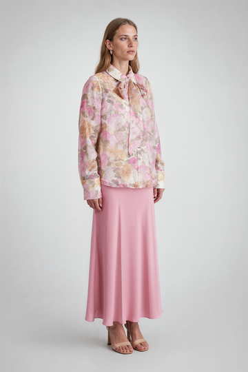 Mikael Aghal Sheer Silk-Blend Bow-Neck Blouse in Pink Floral