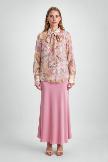 Mikael Aghal Sheer Silk-Blend Bow-Neck Blouse in Pink Floral