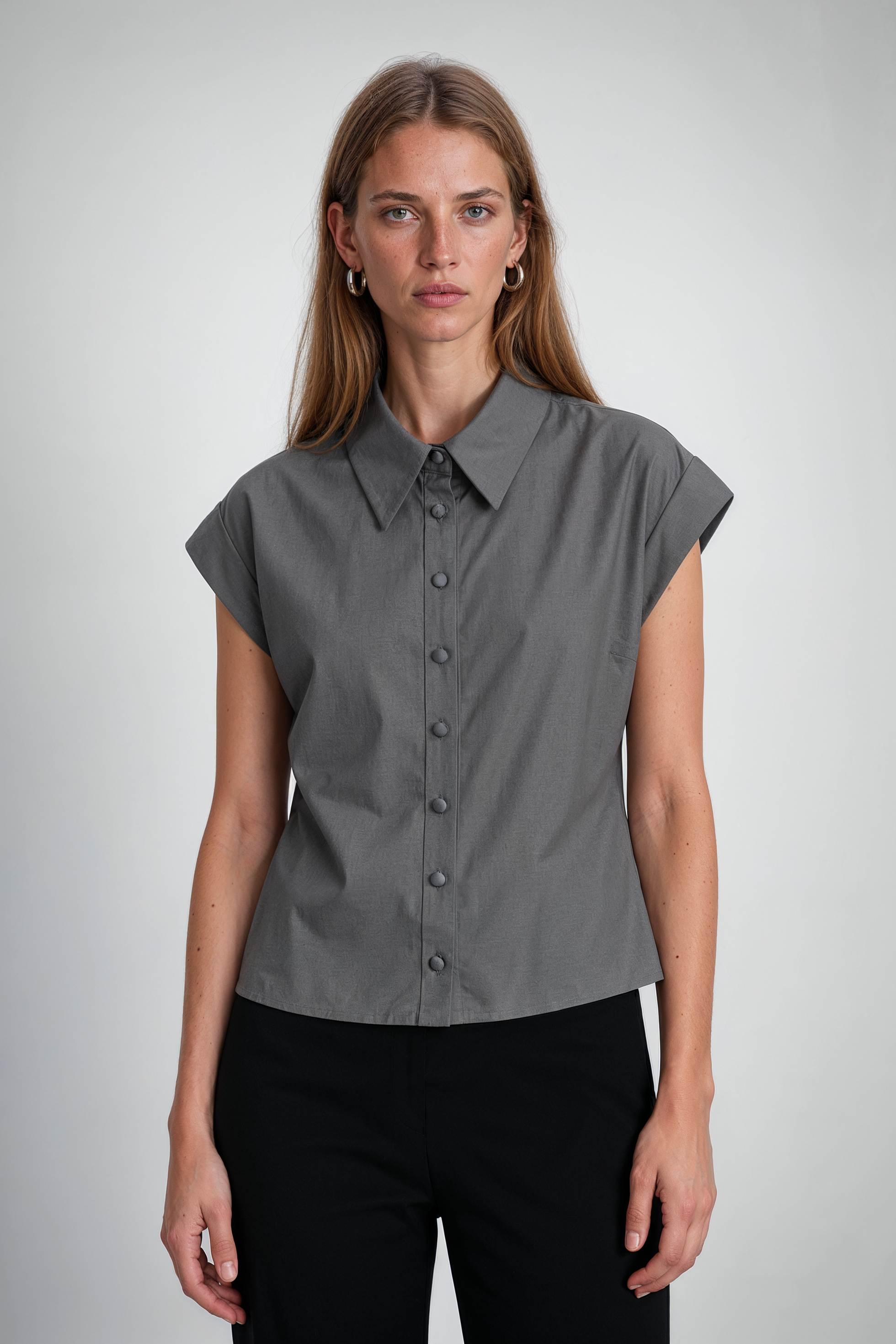 Grey Structured Cap-Sleeve Button-Down Top