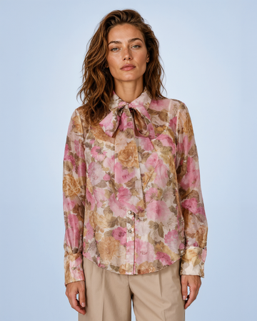 Mikael Aghal Sheer Silk-Blend Bow-Neck Blouse in Pink Floral