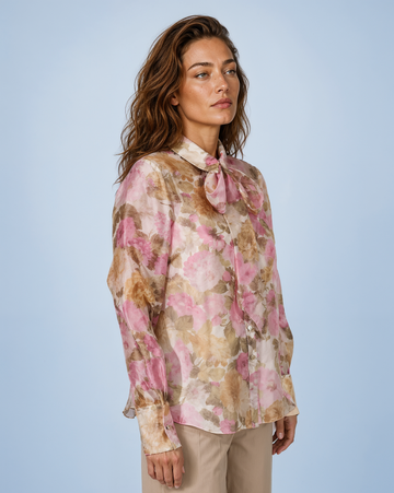 Mikael Aghal Sheer Silk-Blend Bow-Neck Blouse in Pink Floral
