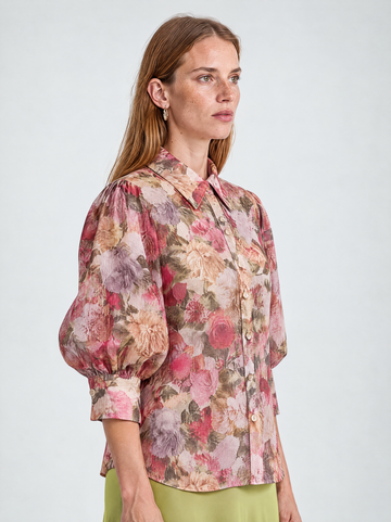 Mikael Aghal Pink Floral Organza Puff-Sleeve Blouse in Pink Multi / Ivory Multi