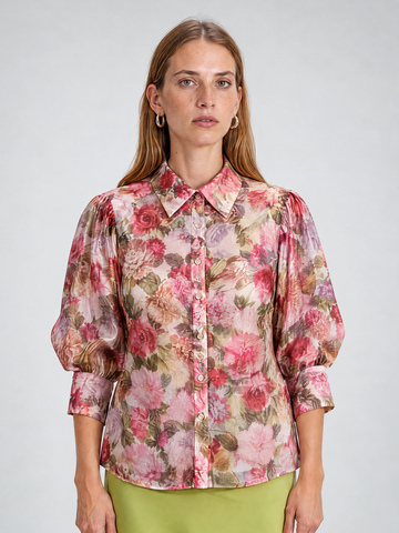 Mikael Aghal Pink Floral Organza Puff-Sleeve Blouse in Pink Multi / Ivory Multi