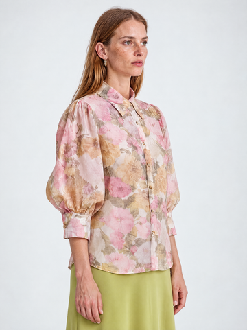 Mikael Aghal Pink Floral Organza Puff-Sleeve Blouse