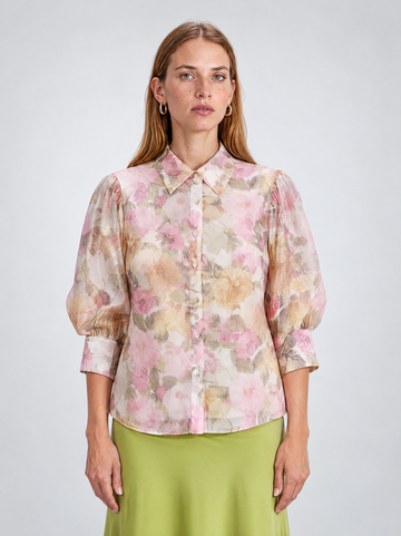 Mikael Aghal Pink Floral Organza Puff-Sleeve Blouse