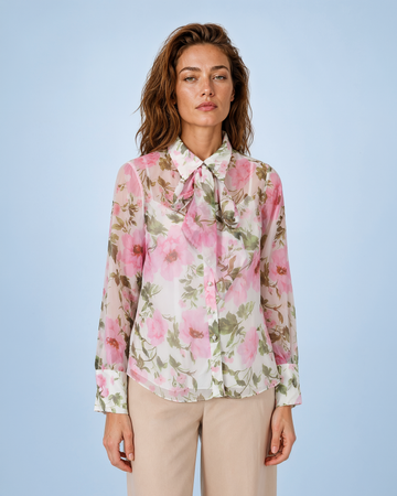 Mikael Aghal Pink Floral Chiffon Pussy-Bow Blouse