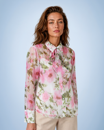 Mikael Aghal Pink Floral Chiffon Pussy-Bow Blouse