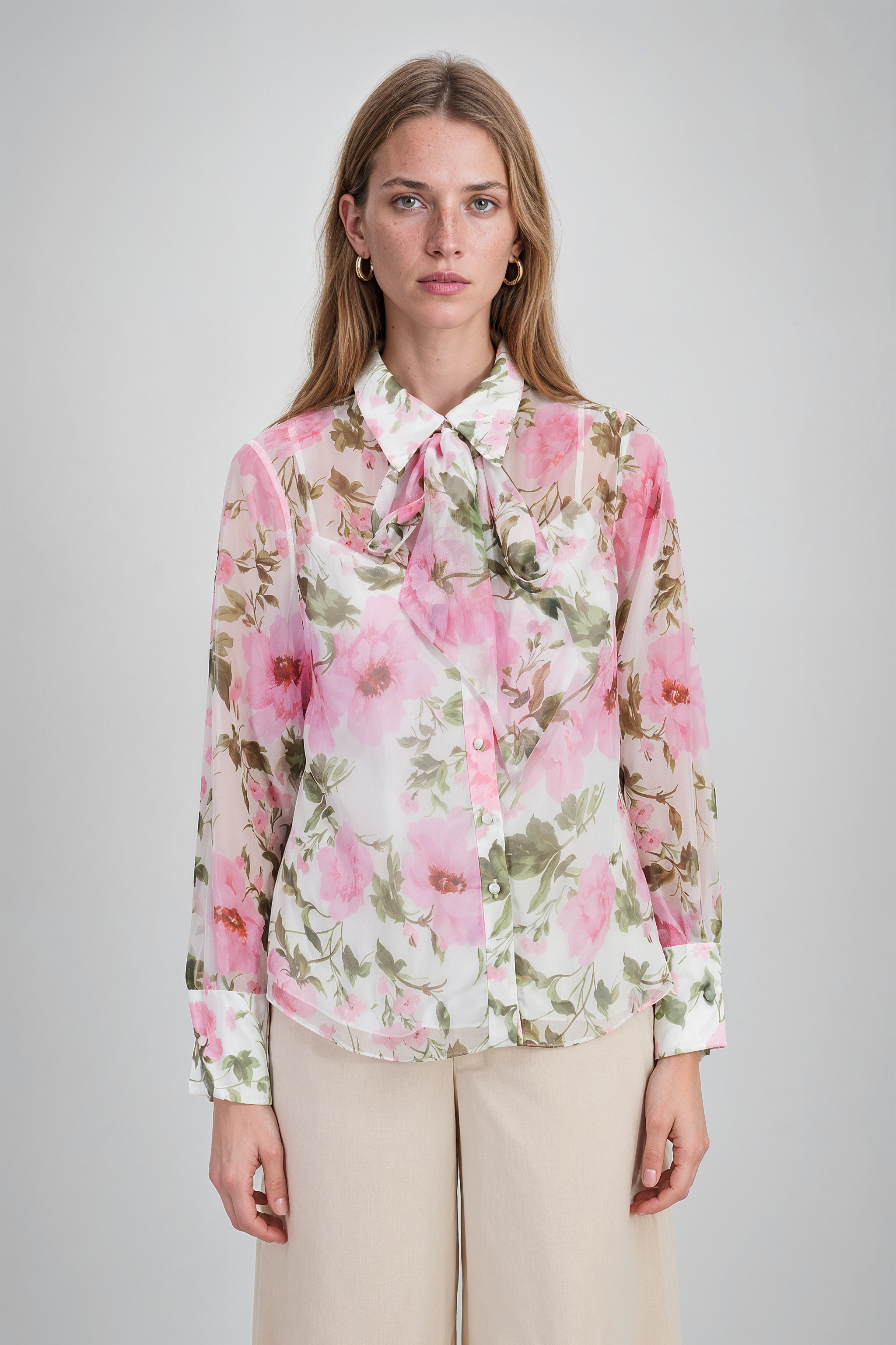 Pink Floral Chiffon Pussy-Bow Blouse