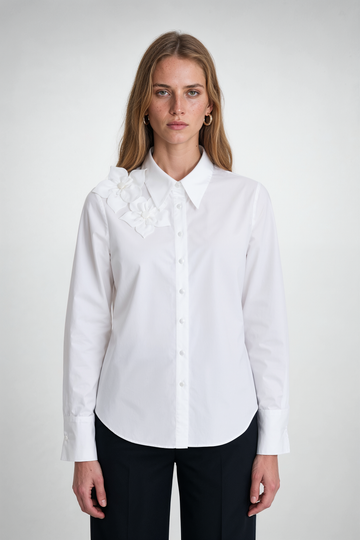 Mikael Aghal Floral Appliqué Cotton Button-Front Blouse
