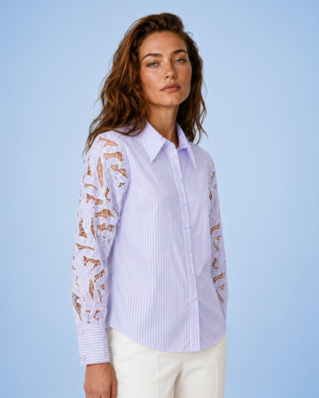 Mikael Aghal Lavender Stripe Cotton Shirt with Floral Cutwork Lace Sleeves