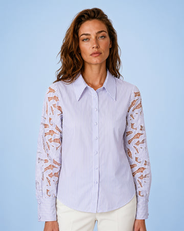 Mikael Aghal Lavender Stripe Cotton Shirt with Floral Cutwork Lace Sleeves