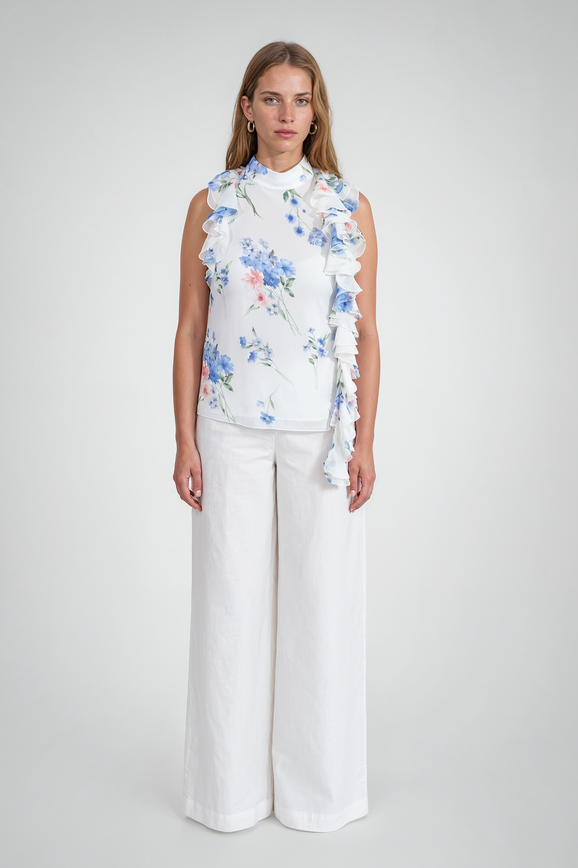 Floral Open-Back Ruffle Chiffon Blouse
