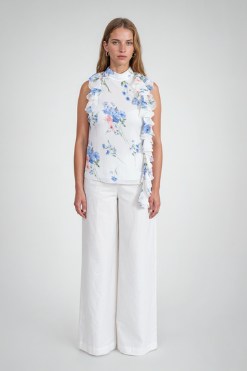 Mikael Aghal Floral Open-Back Ruffle Blouse
