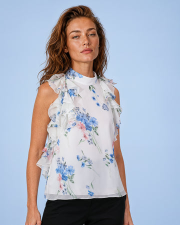 Mikael Aghal Floral Open-Back Ruffle Chiffon Blouse