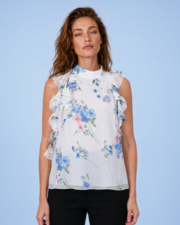Mikael Aghal Floral Open-Back Ruffle Chiffon Blouse