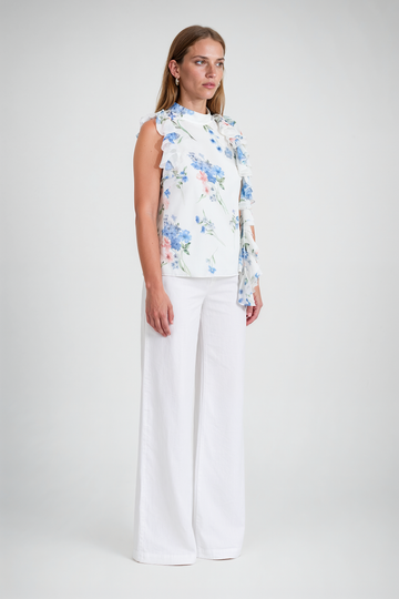 Mikael Aghal Floral Open-Back Ruffle Blouse