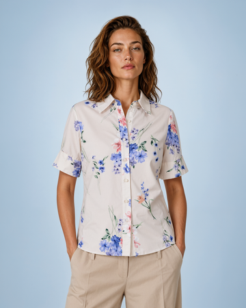 Mikael Aghal Floral-Print Short-Sleeve Button-Down Blouse in Blush Multi