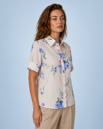 Mikael Aghal Floral-Print Short-Sleeve Button-Down Blouse in Blush Multi