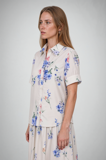 Mikael Aghal Floral-Print Short-Sleeve Button-Down Blouse