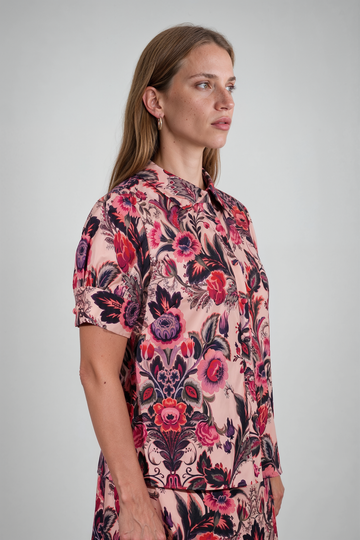 Mikael Aghal Baroque Floral-Print Short-Sleeve Blouse