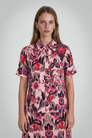 Mikael Aghal Baroque Floral-Print Short-Sleeve Blouse