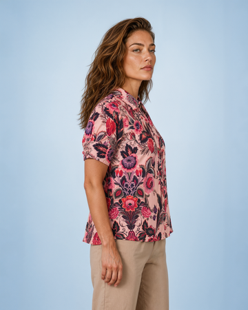 Mikael Aghal Baroque Floral-Print Short-Sleeve Blouse in Mauve Multi