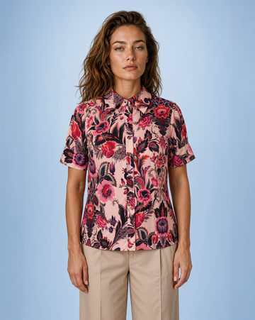 Mikael Aghal Baroque Floral-Print Short-Sleeve Blouse in Mauve Multi