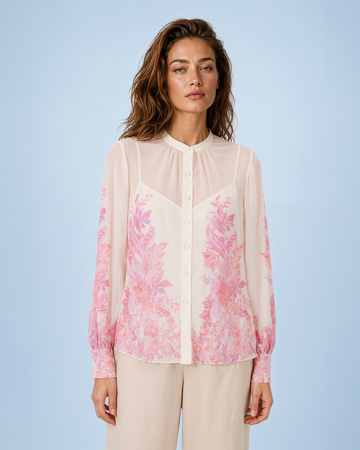 Mikael Aghal Pink Botanical Border-Print Chiffon Blouse