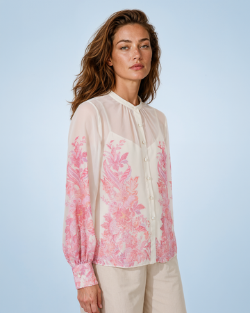 Mikael Aghal Pink Botanical Border-Print Chiffon Blouse