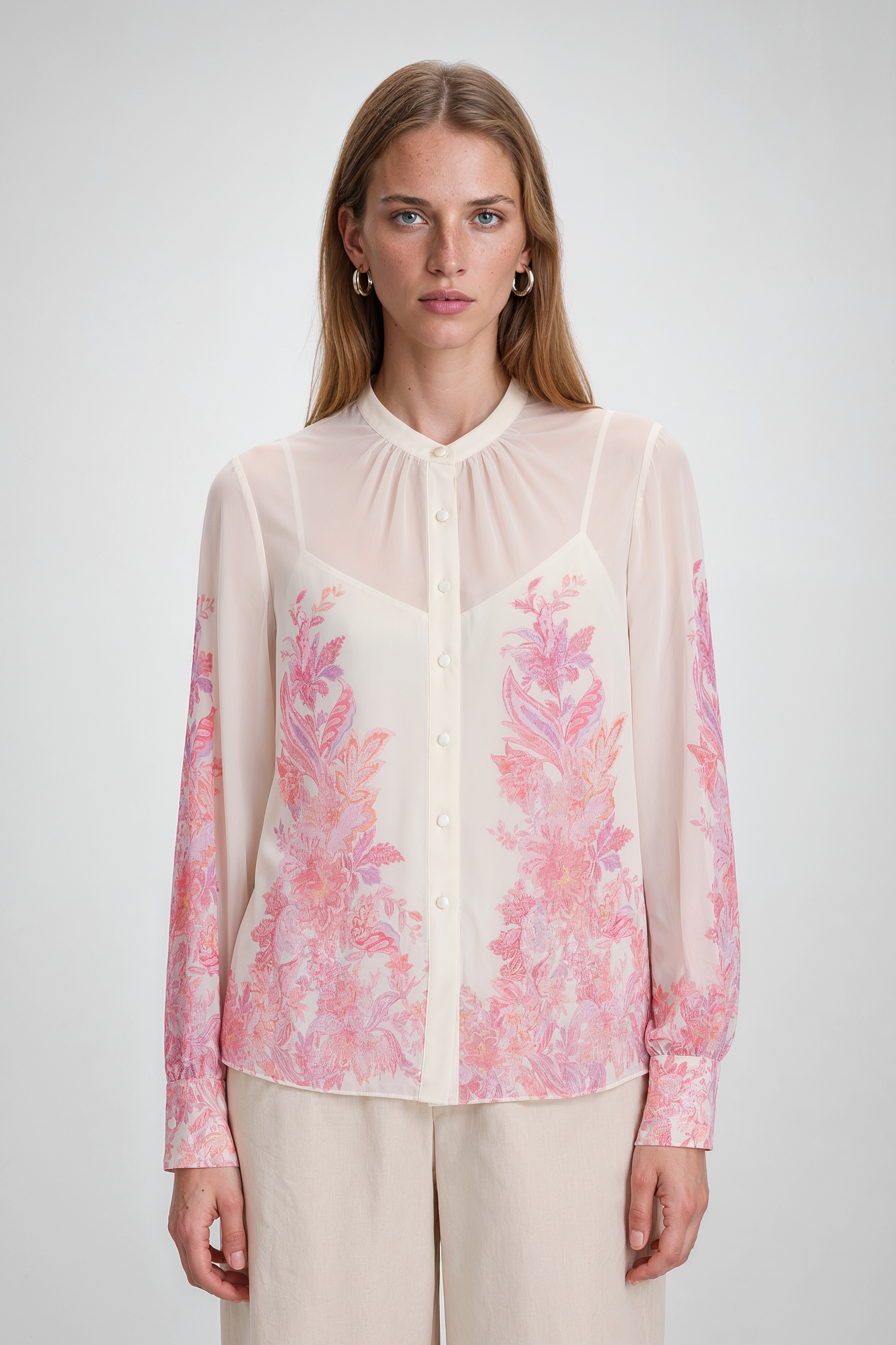 Pink Botanical Border-Print Chiffon Blouse