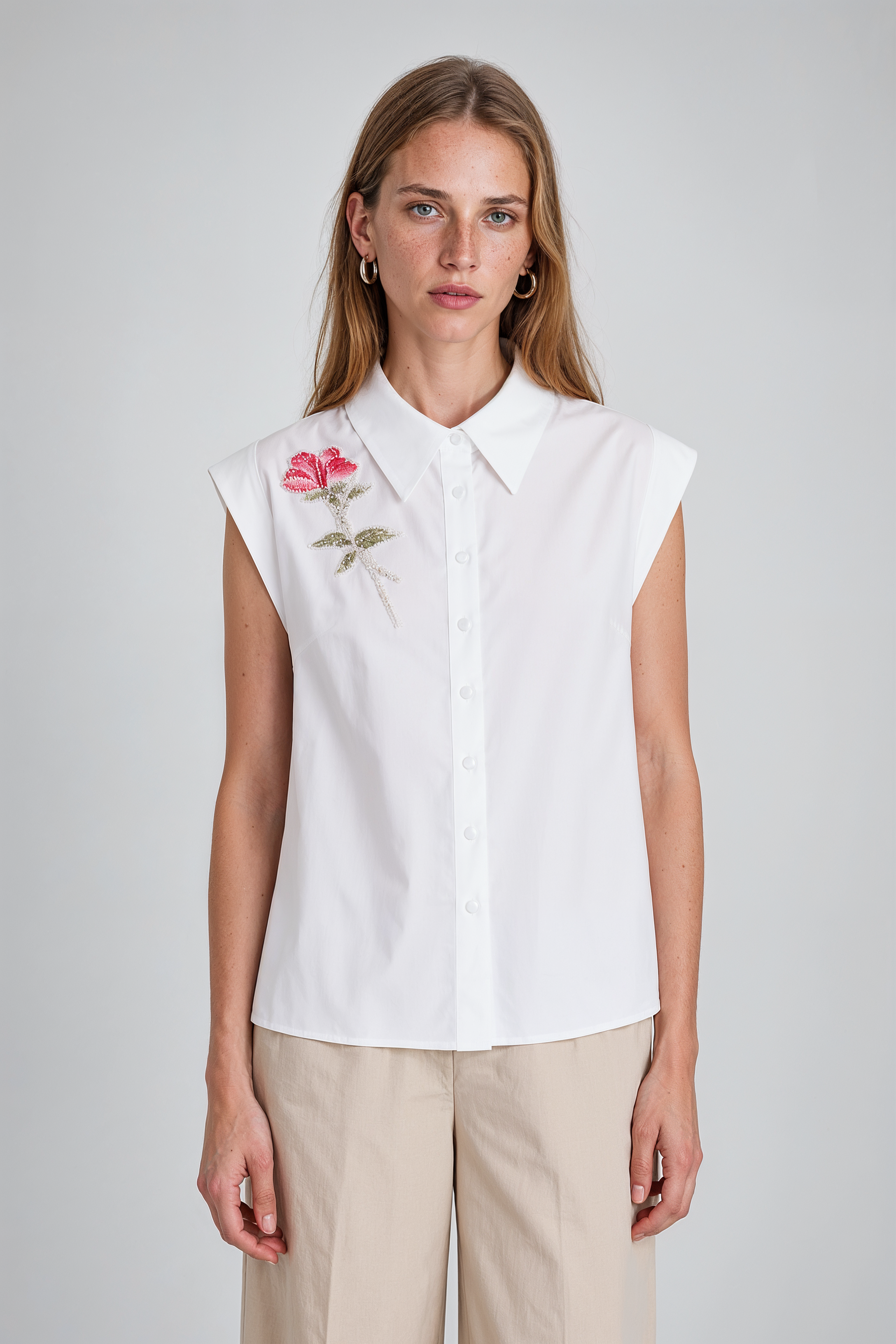 White Floral Embroidered Cap-Sleeve Top