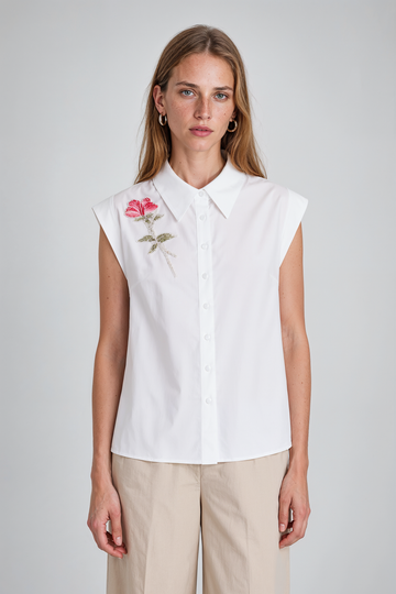 Mikael Aghal White Floral Embroidered Cap-Sleeve Button-Down Top