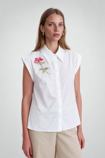 Mikael Aghal White Floral Embroidered Cap-Sleeve Button-Down Top