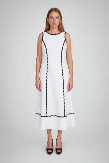 Mikael Aghal Sleeveless Ric-Rac Trimmed Midi Dress in White/Black