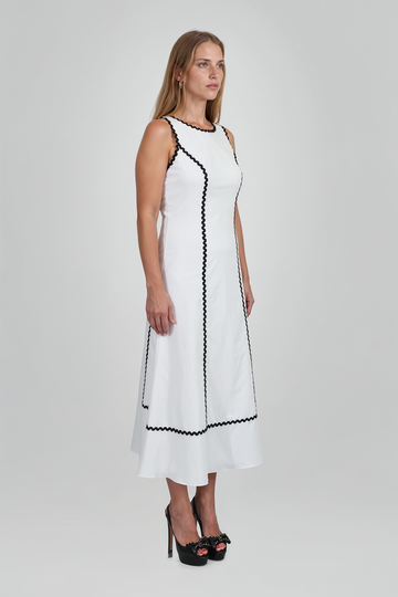 Mikael Aghal Sleeveless Ric-Rac Trimmed Midi Dress in White/Black