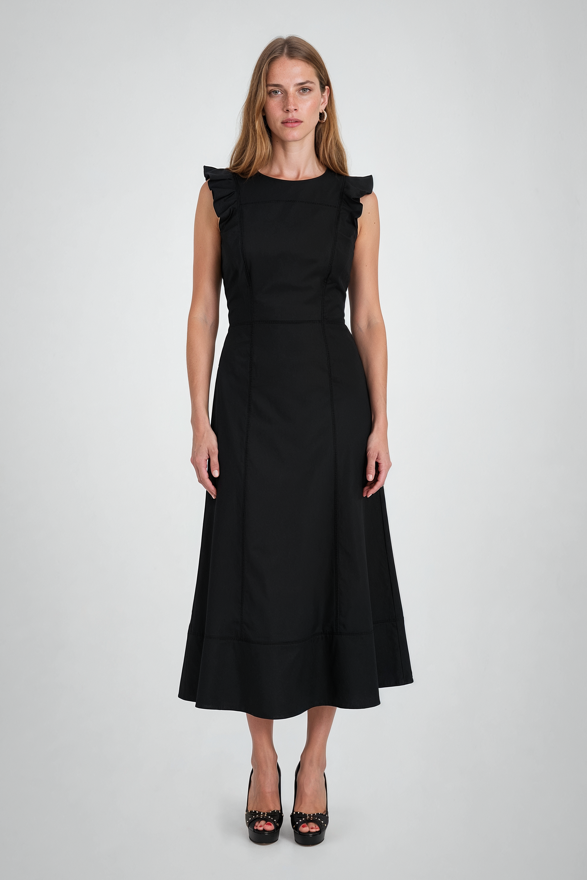 Flutter Sleeve Midi Dress in Black