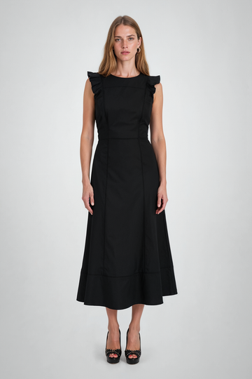 Mikael Aghal Ruffle-Trim Sleeveless Midi Dress in Black