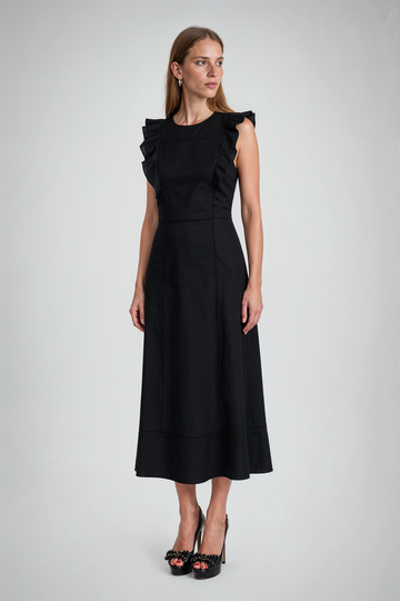 Mikael Aghal Ruffle-Trim Sleeveless Midi Dress in Black
