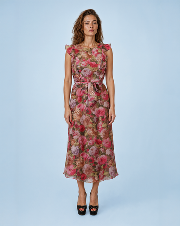 Mikael Aghal Ruffle-Trim Floral Chiffon Midi Dress in Rose Multi