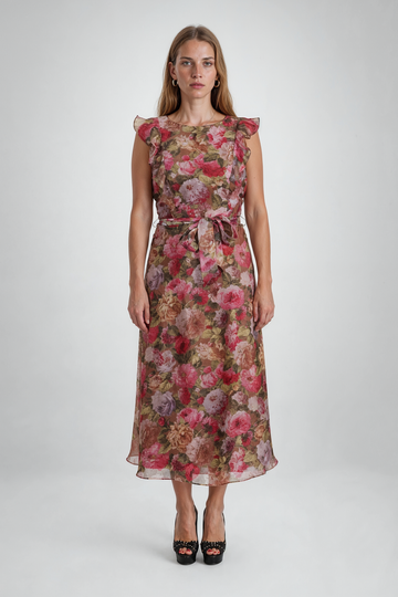 Mikael Aghal Ruffle-Trim Floral Midi Dress
