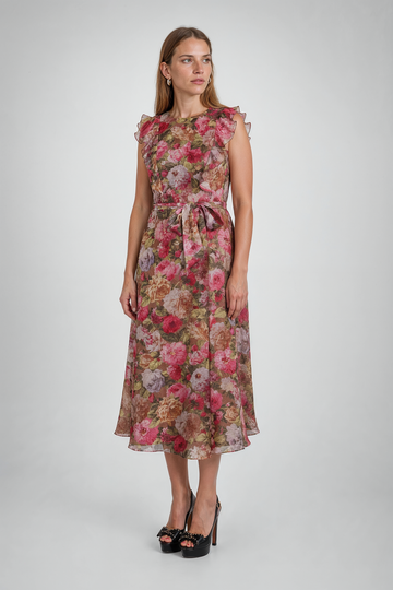 Mikael Aghal Ruffle-Trim Floral Midi Dress