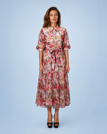 Mikael Aghal Floral Chiffon A-Line Shirt Dress in Rose Multi