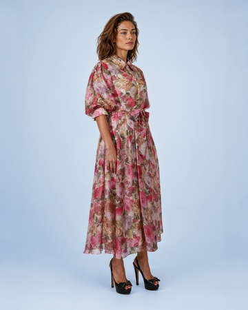 Mikael Aghal Floral Chiffon A-Line Shirt Dress in Rose Multi