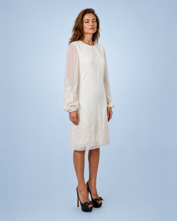 Mikael Aghal Embroidered Lace Chiffon-Sleeve Shift Dress in Ivory