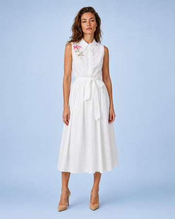 Mikael Aghal White Sleeveless Midi Shirt Dress with Beaded Floral Appliqué