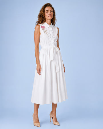 Mikael Aghal White Sleeveless Midi Shirt Dress with Beaded Floral Appliqué