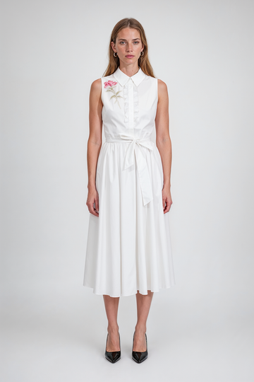 Mikael Aghal White Sleeveless Midi Shirt Dress with Beaded Floral Appliqué
