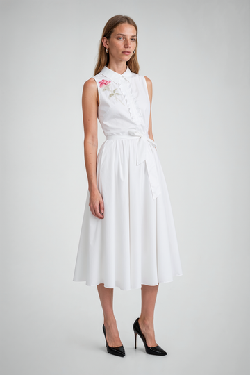 Mikael Aghal White Sleeveless Midi Shirt Dress with Beaded Floral Appliqué