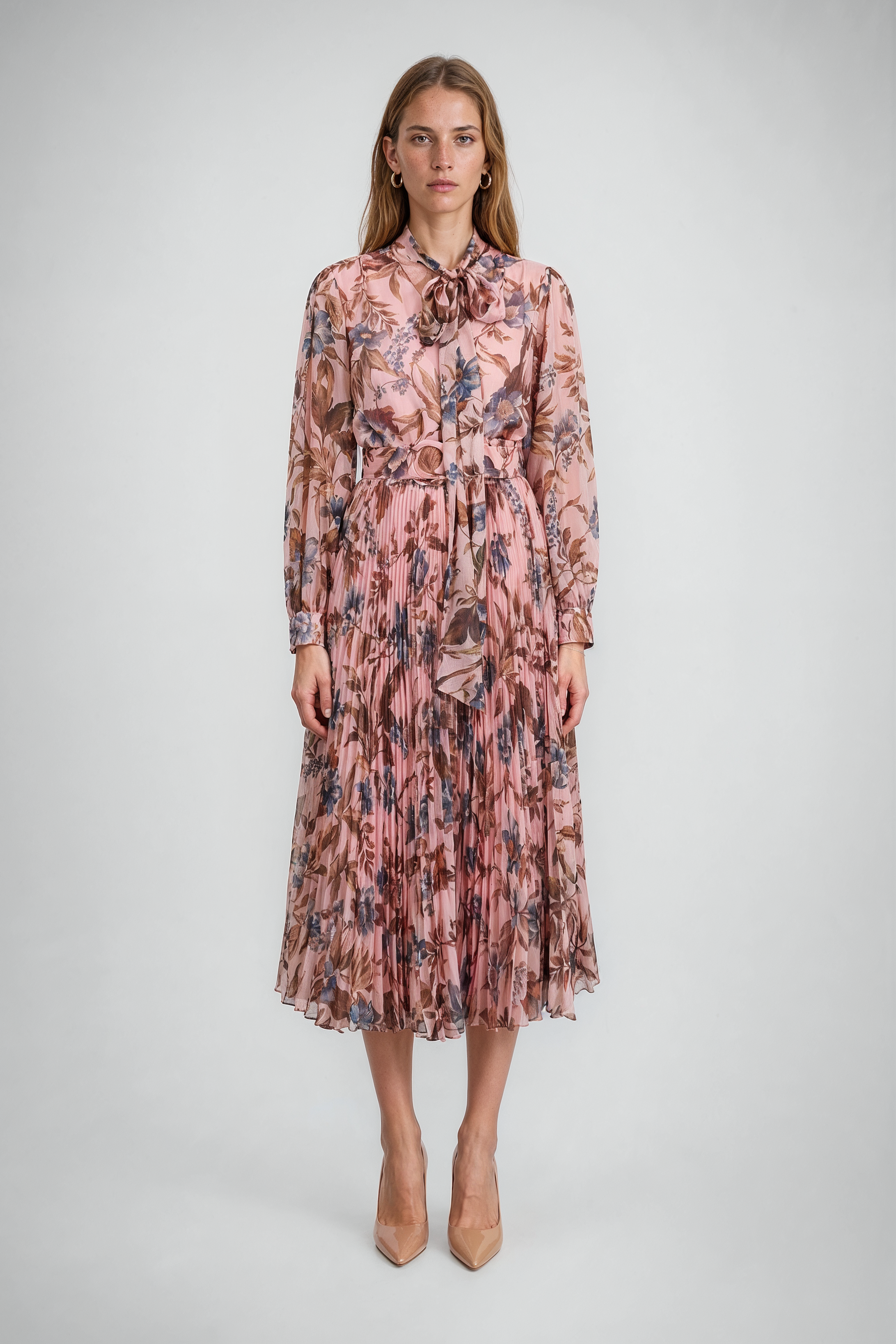 Floral Pleated Tie-Neck Midi Dress