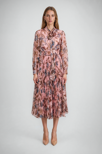 Mikael Aghal Floral Pleated Tie-Neck Midi Dress